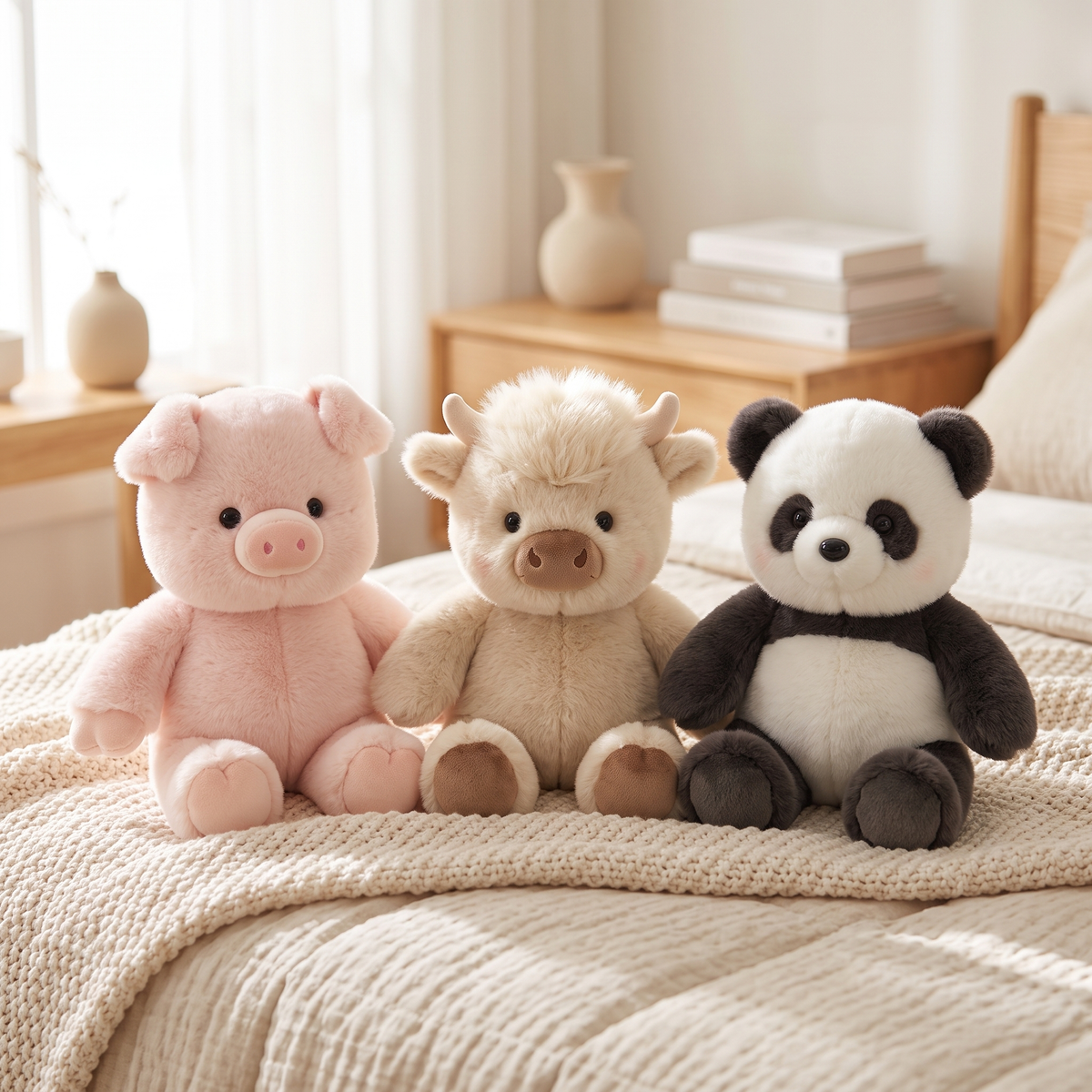 Pink pig, cream highland cattle and black and white panda plush toys sitting together on a bed