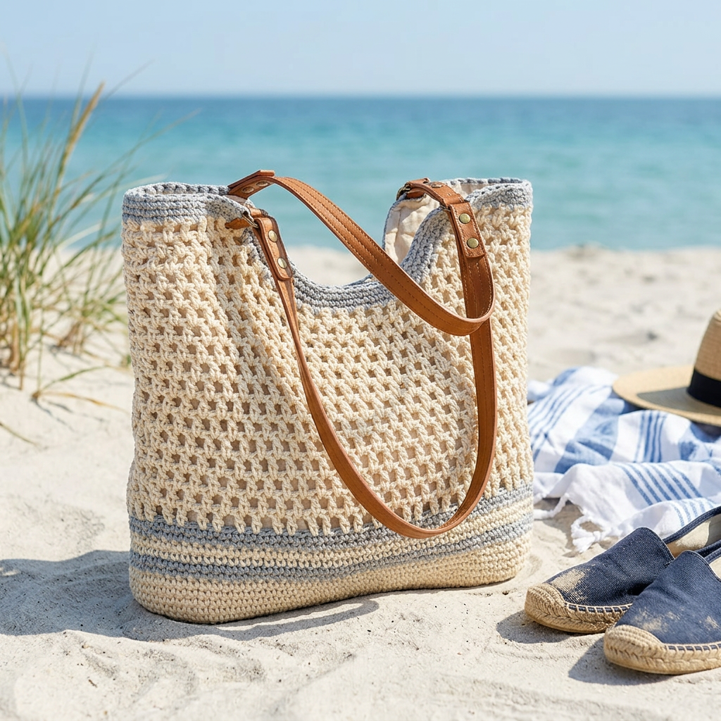 Hand-Woven Cotton Beach Tote Bag, Crochet Weave, Leather Straps gallery 1