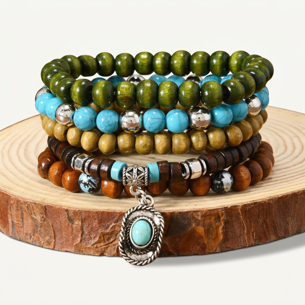 Boho Coconut Bracelet Set, 5-Piece Wood and Turquoise Stretch Stack gallery 1
