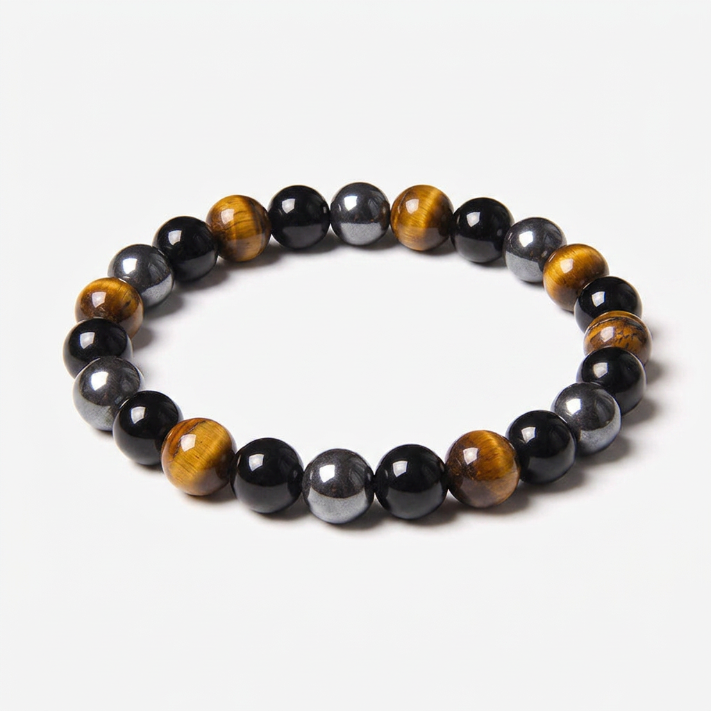 Natural Stone Beaded Bracelet, Tiger Eye Onyx Hematite, Unisex gallery 1