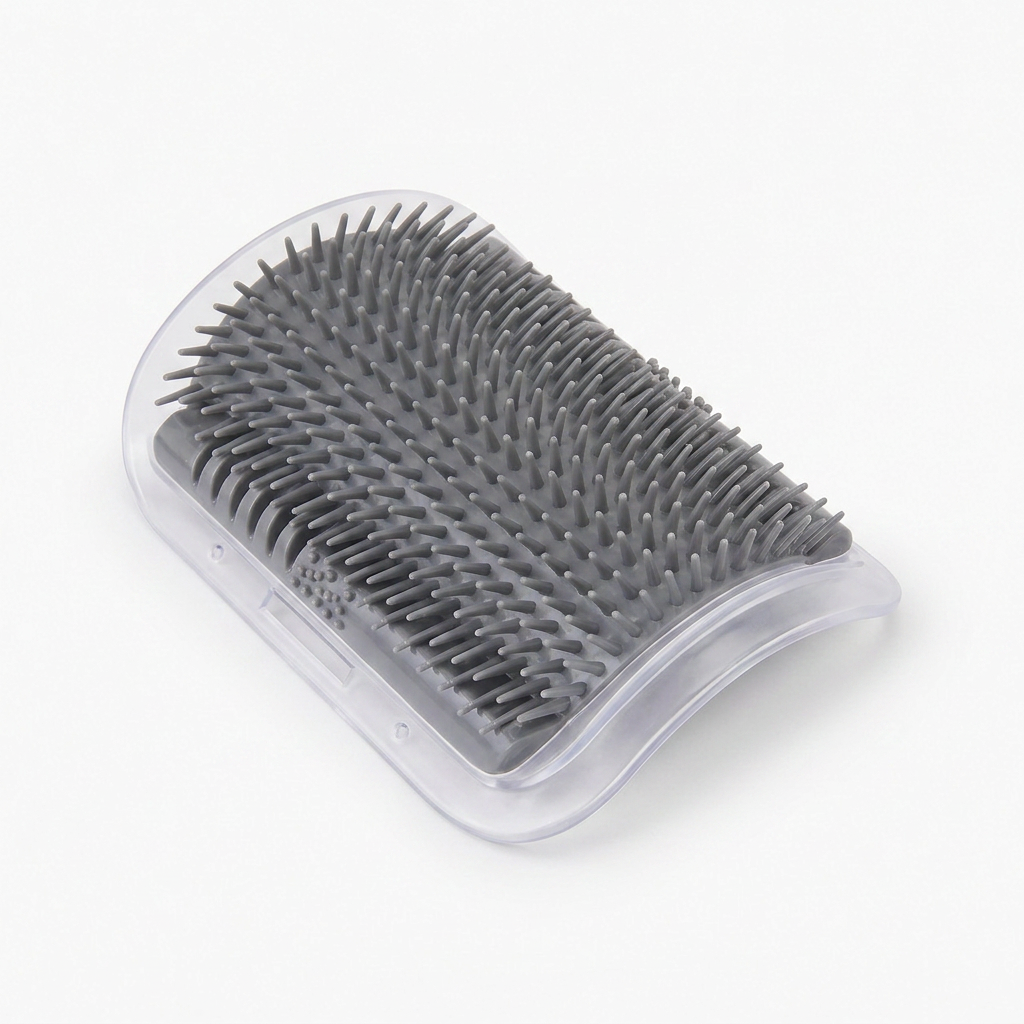 Cat corner grooming brush lying flat showing clear frame and screw flanges