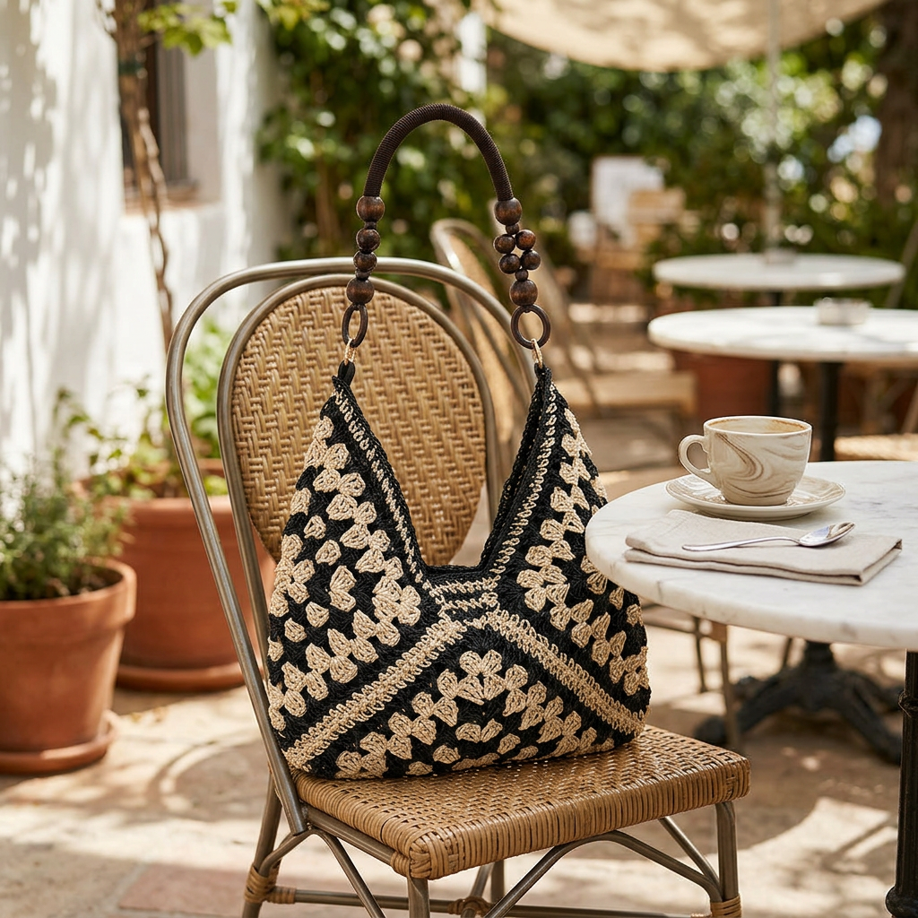 Woven Straw Shoulder Bag, Wood Bead Handle Hobo for Summer Days gallery 1
