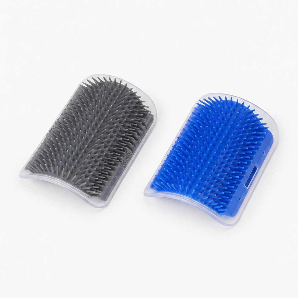 Cat corner grooming brush grey and blue versions lying flat