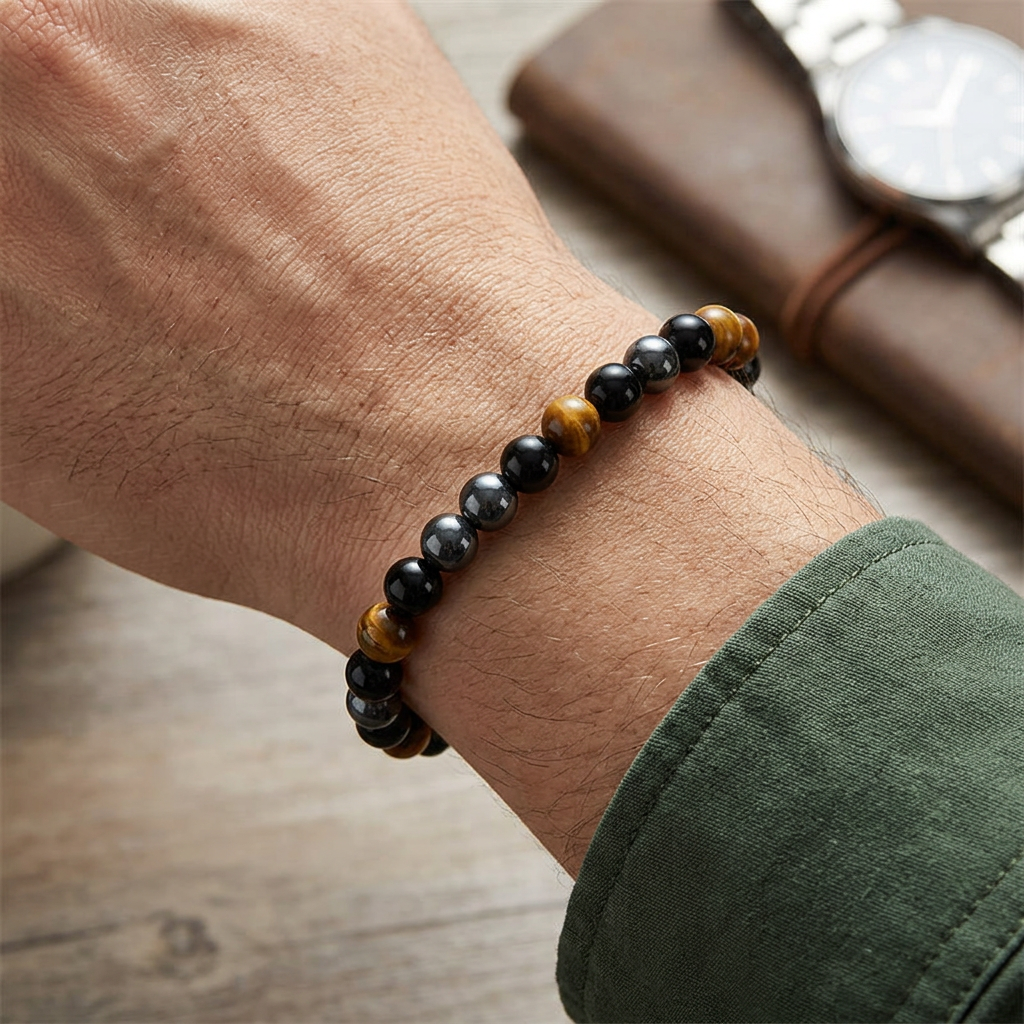 Natural Stone Beaded Bracelet, Tiger Eye Onyx Hematite, Unisex gallery 2