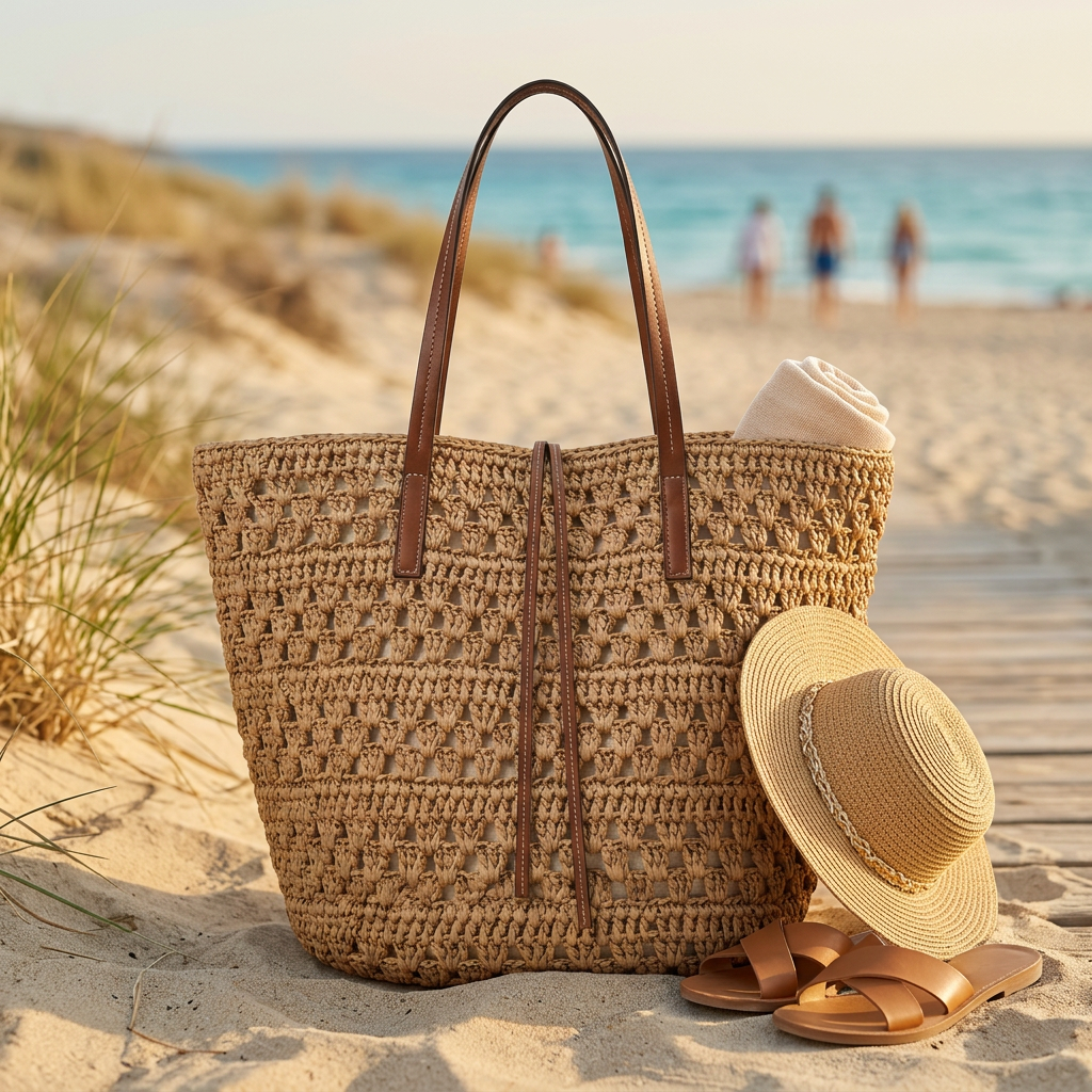 Large Woven Straw Tote Bag, Khaki Crochet, Leather Straps, Market to Beach gallery 2