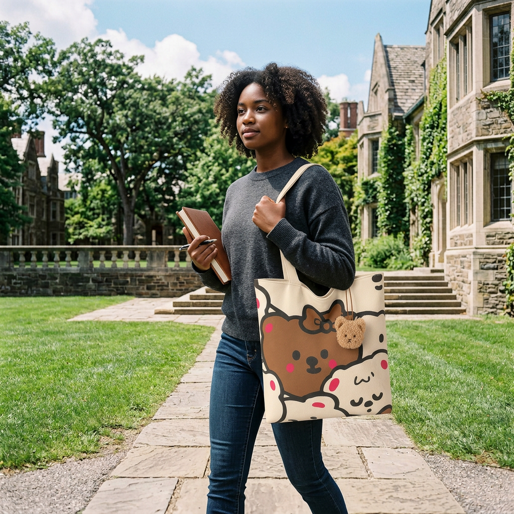 Cartoon Bear Canvas Tote, Heavy Cotton Shoulder Bag, Campus and Everyday Carry gallery 2