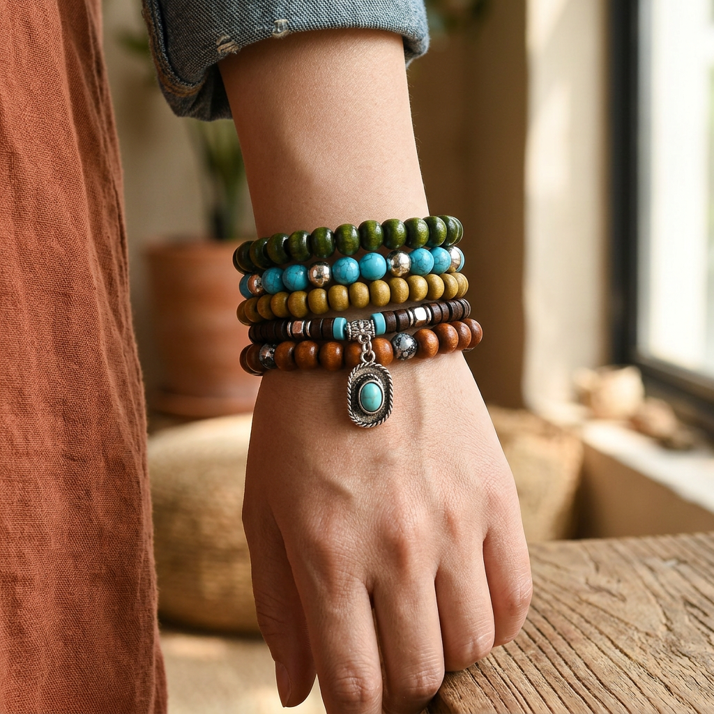 Boho Coconut Bracelet Set, 5-Piece Wood and Turquoise Stretch Stack gallery 2