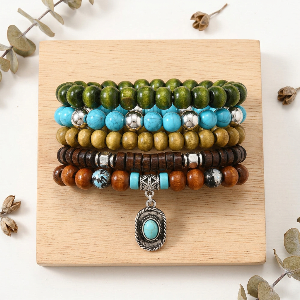 Boho Coconut Bracelet Set, 5-Piece Wood and Turquoise Stretch Stack gallery 3