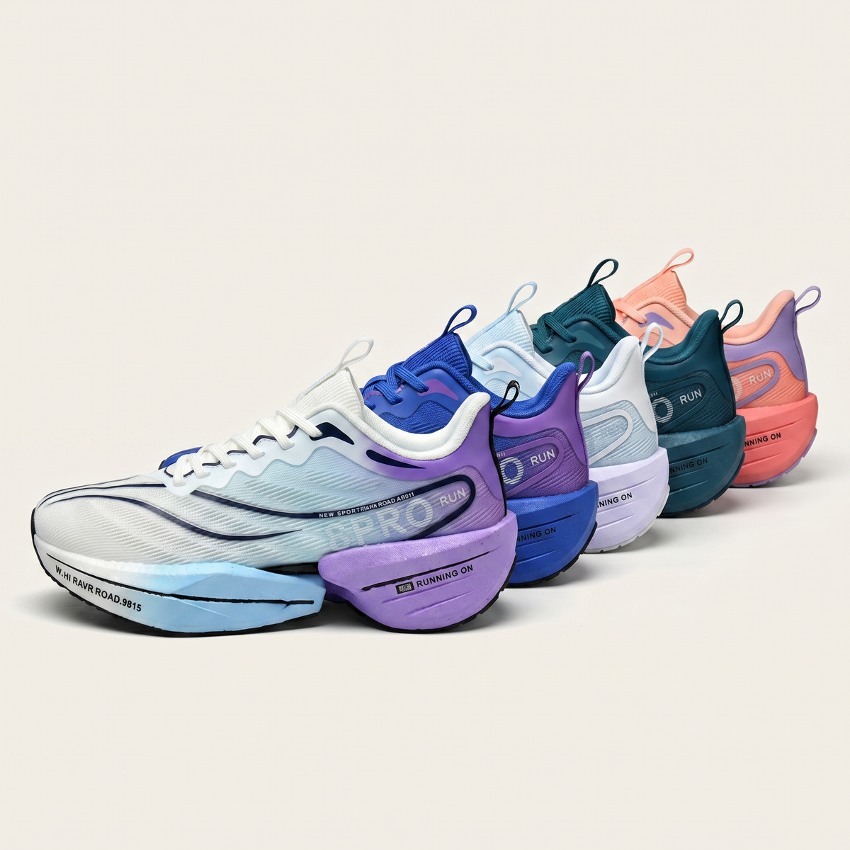 Running shoes full colourway lineup - five colours in a row