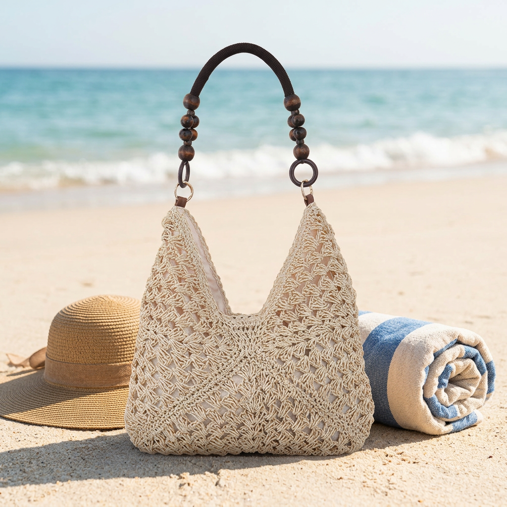 Woven Straw Shoulder Bag, Wood Bead Handle Hobo for Summer Days gallery 3