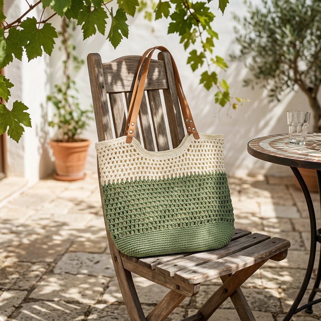 Hand-Woven Cotton Beach Tote Bag, Crochet Weave, Leather Straps gallery 3