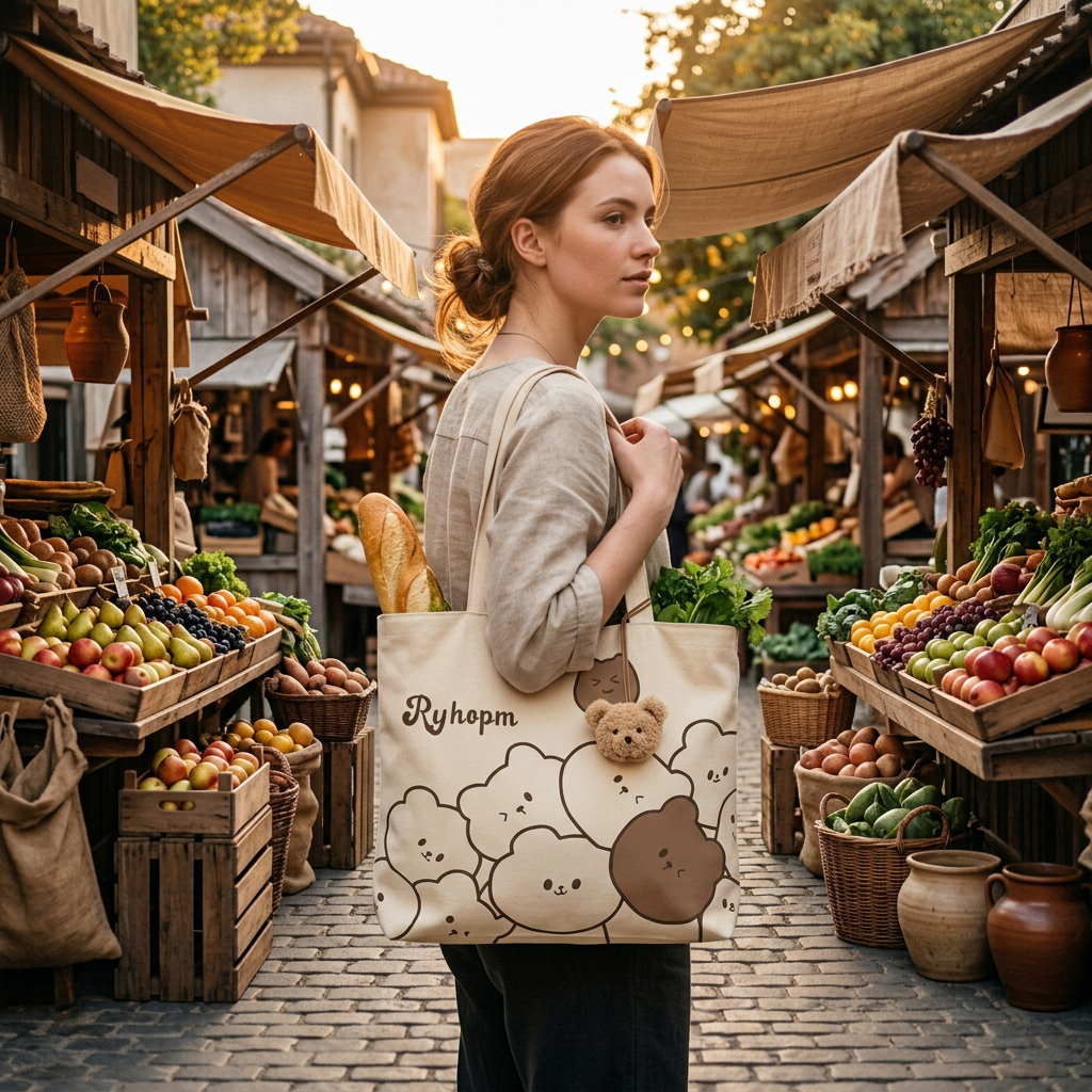 Cartoon Bear Canvas Tote, Heavy Cotton Shoulder Bag, Campus and Everyday Carry gallery 3