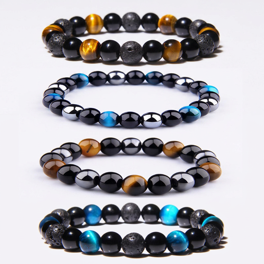 Natural Stone Beaded Bracelet, Tiger Eye Onyx Hematite, Unisex gallery 3