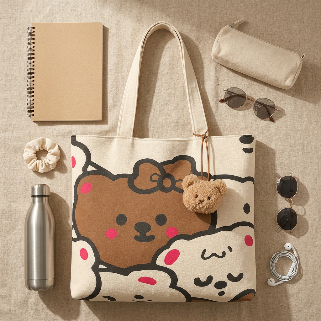 Cartoon Bear Canvas Tote, Heavy Cotton Shoulder Bag, Campus and Everyday Carry gallery 4