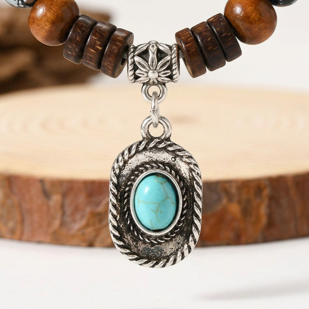 Boho Coconut Bracelet Set, 5-Piece Wood and Turquoise Stretch Stack gallery 4