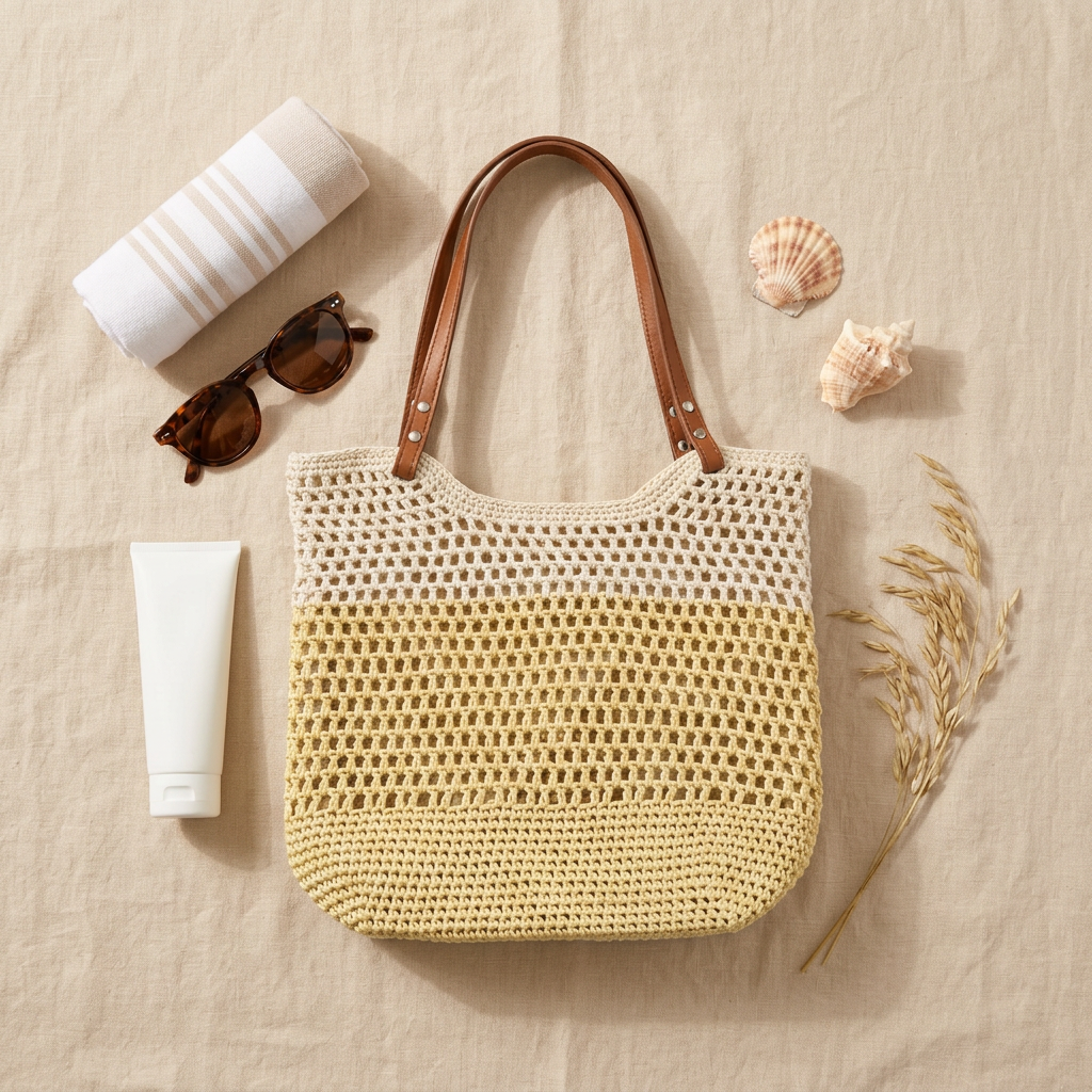 Hand-Woven Cotton Beach Tote Bag, Crochet Weave, Leather Straps gallery 4