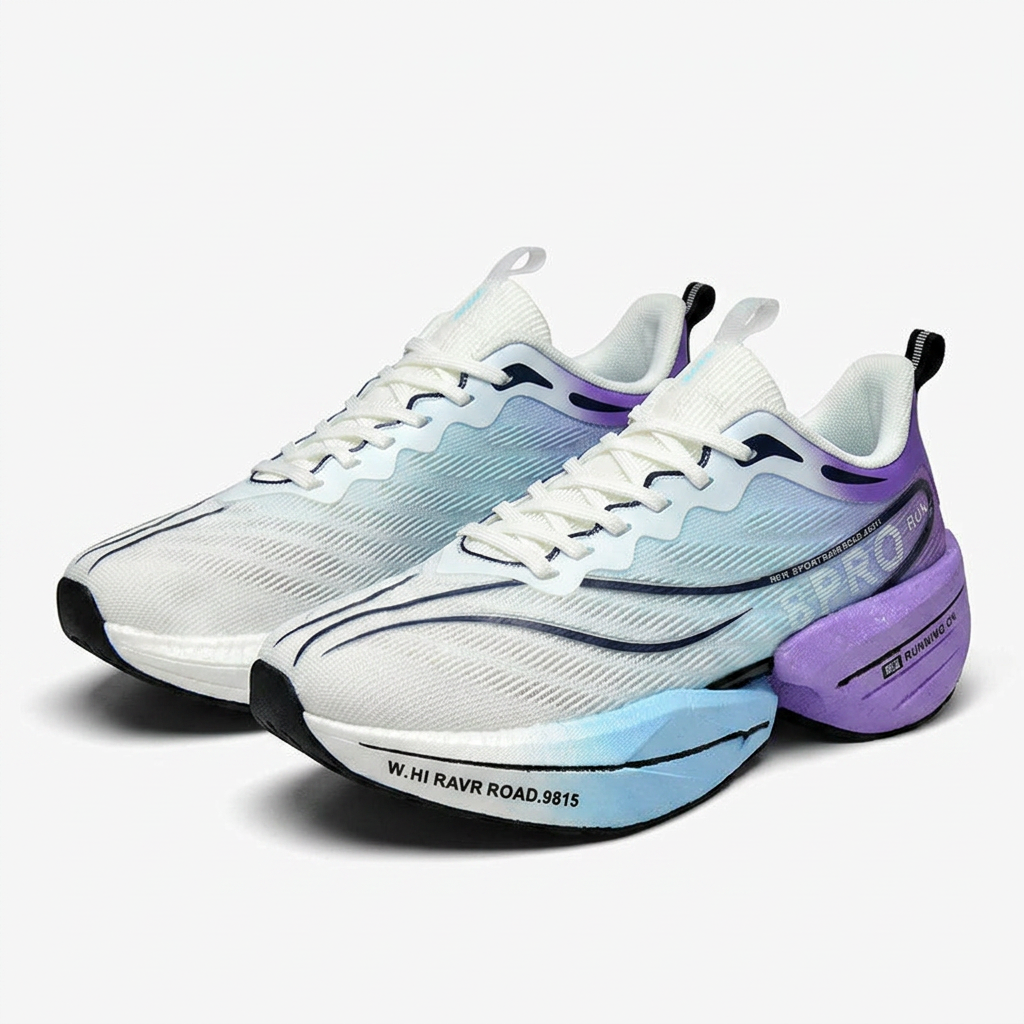 Running shoes pair three-quarter packshot, gradient upper and curved midsole