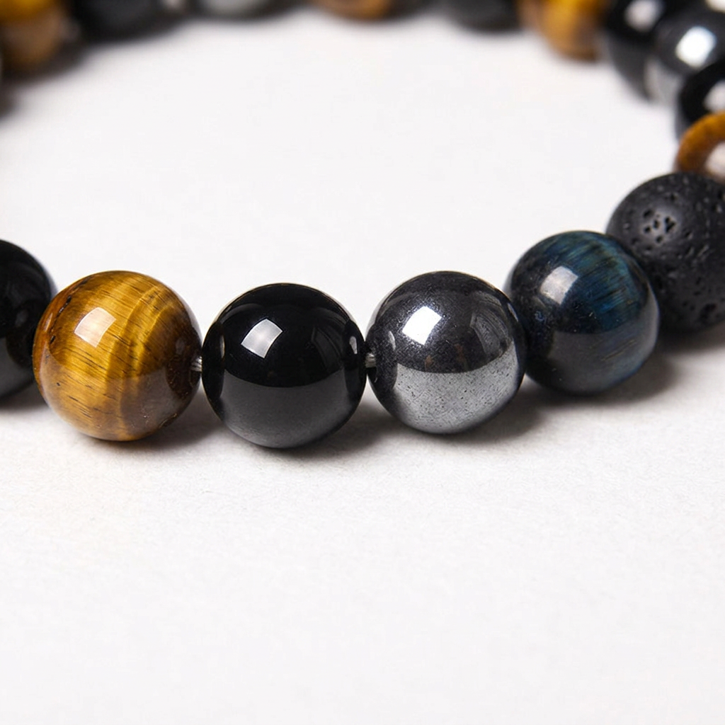 Natural Stone Beaded Bracelet, Tiger Eye Onyx Hematite, Unisex gallery 4