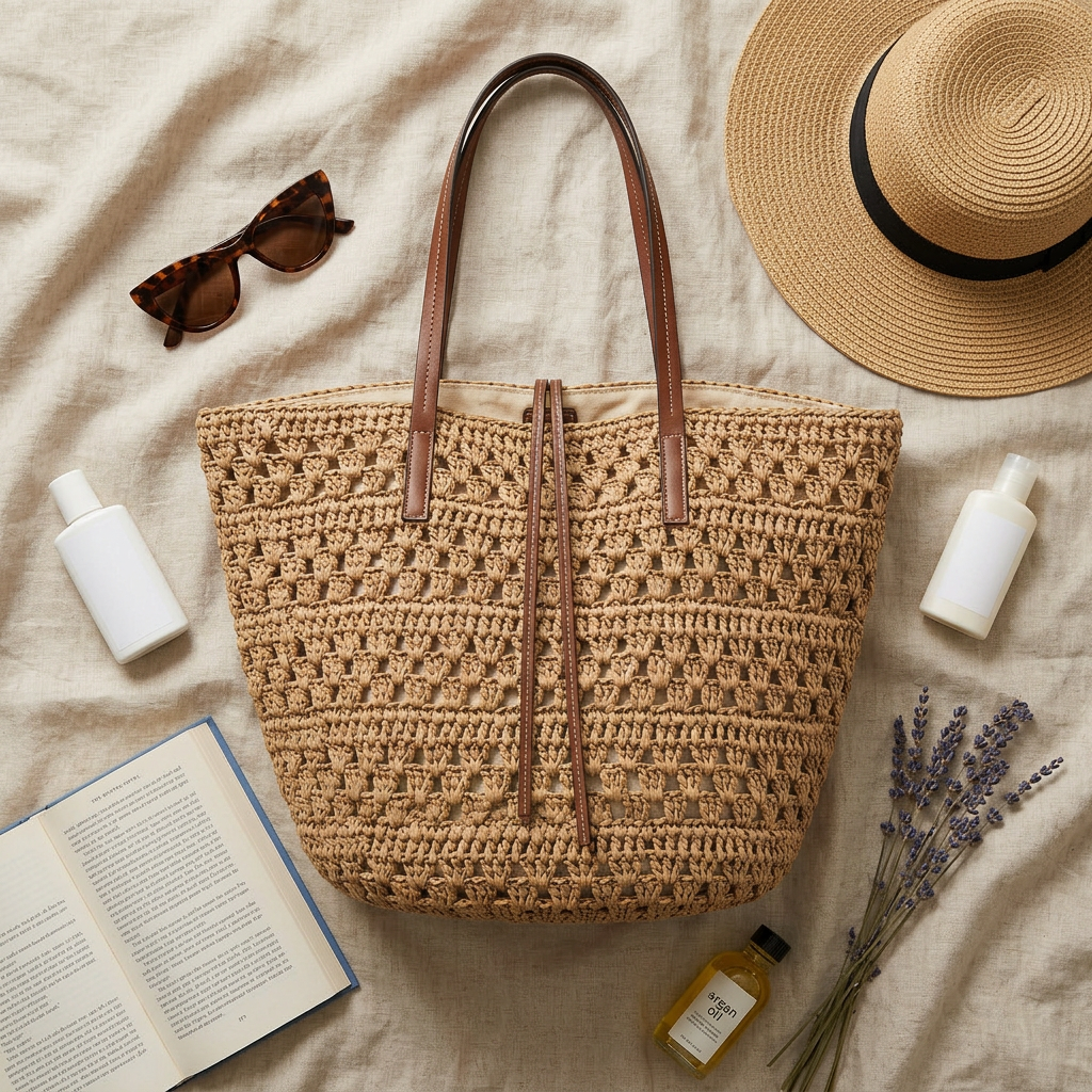 Large Woven Straw Tote Bag, Khaki Crochet, Leather Straps, Market to Beach gallery 4