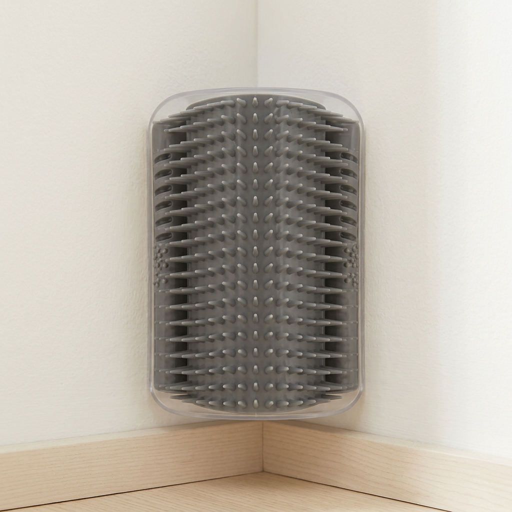 Gray cat self-grooming corner brush mounted flush in a clean wall corner