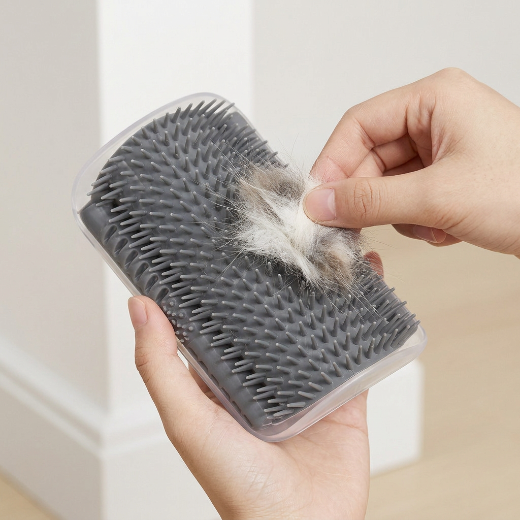Hands pulling loose fur from the gray spiky pins of the cat corner brush in its clear frame