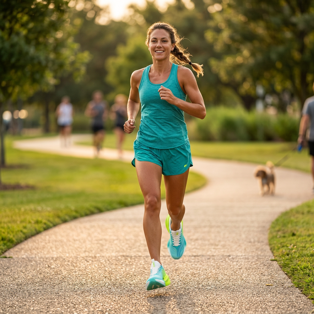 Woman running on a park path wearing the teal and lime-green colourway running shoes