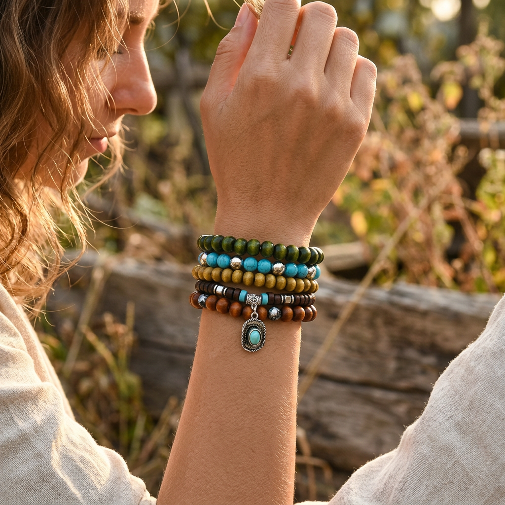 Boho Coconut Bracelet Set, 5-Piece Wood and Turquoise Stretch Stack gallery 5