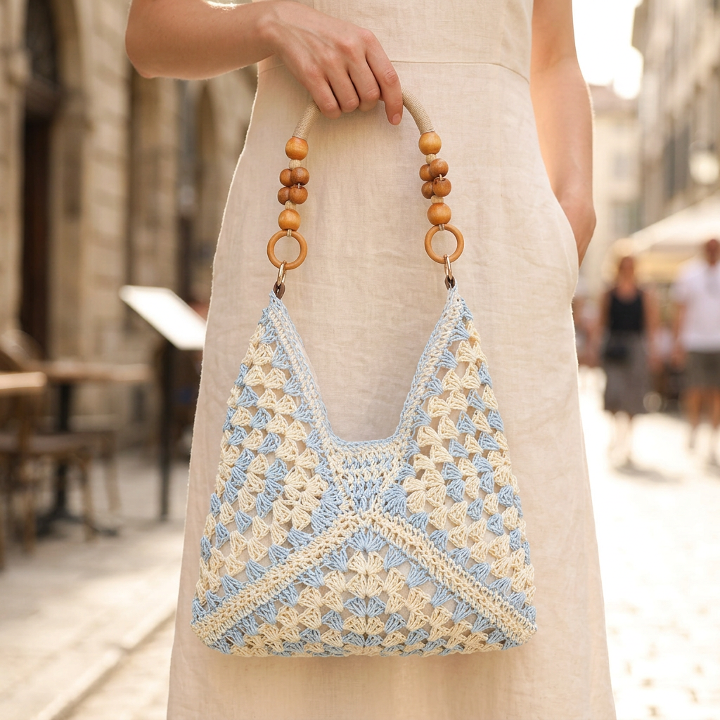 Woven Straw Shoulder Bag, Wood Bead Handle Hobo for Summer Days gallery 5