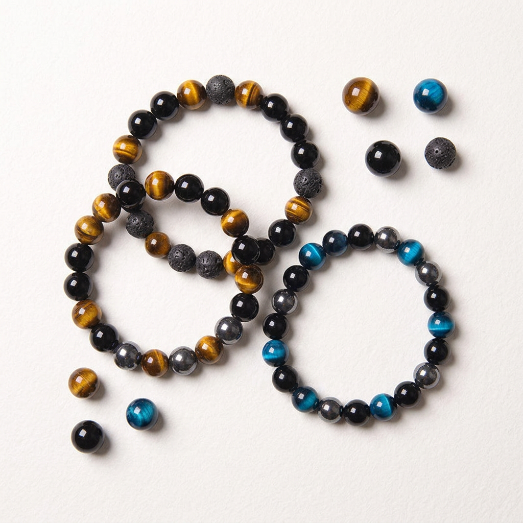 Natural Stone Beaded Bracelet, Tiger Eye Onyx Hematite, Unisex gallery 6