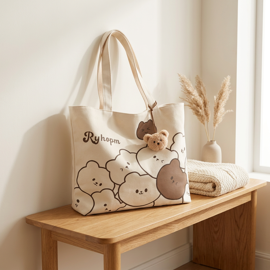 Cartoon Bear Canvas Tote, Heavy Cotton Shoulder Bag, Campus and Everyday Carry gallery 6