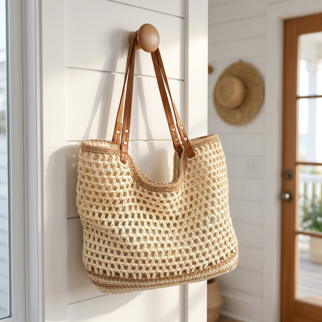 Hand-Woven Cotton Beach Tote Bag, Crochet Weave, Leather Straps gallery 6