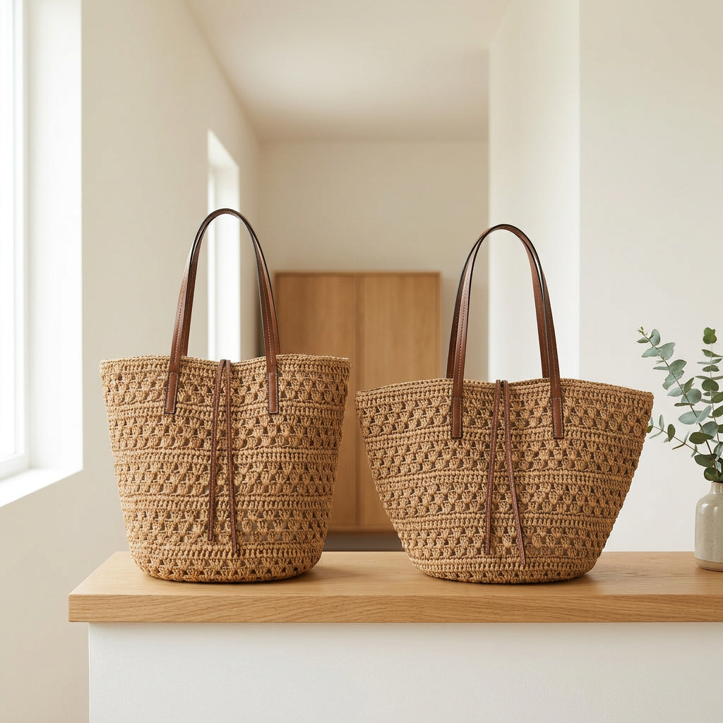 Large Woven Straw Tote Bag, Khaki Crochet, Leather Straps, Market to Beach gallery 6