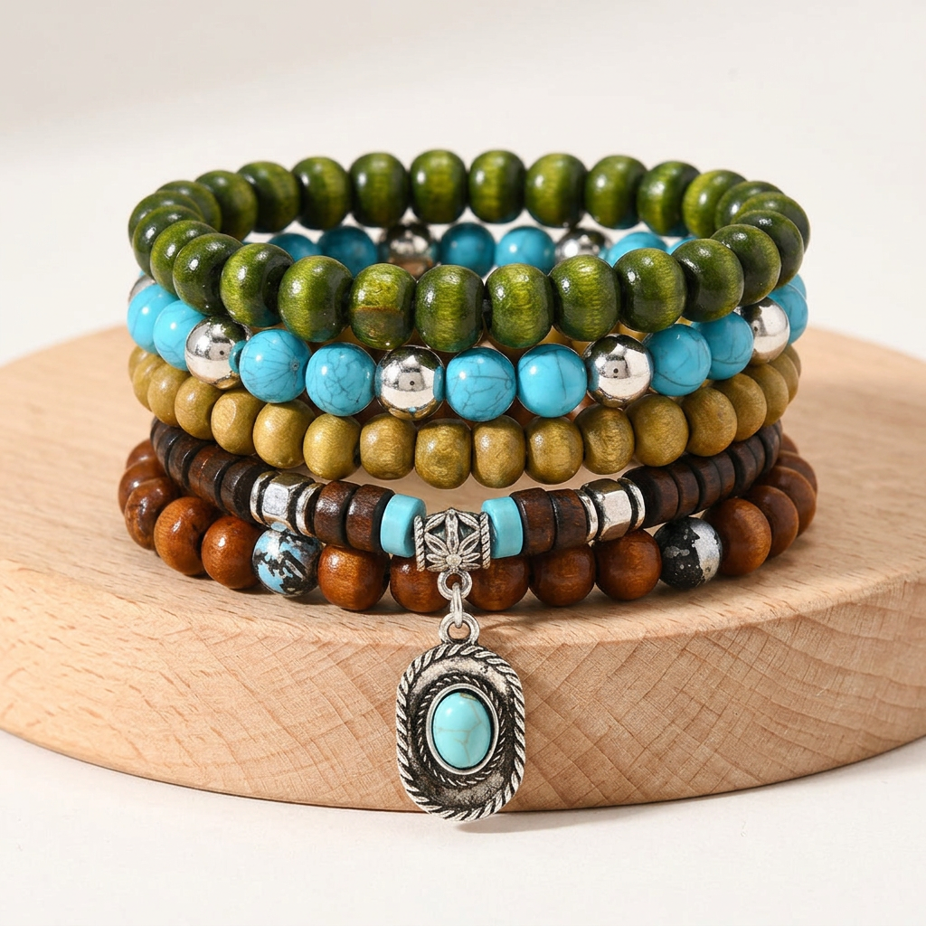 Boho Coconut Bracelet Set, 5-Piece Wood and Turquoise Stretch Stack gallery 6