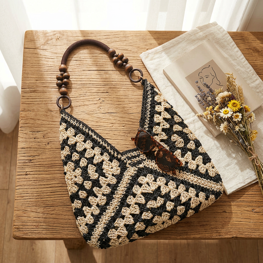 Woven Straw Shoulder Bag, Wood Bead Handle Hobo for Summer Days gallery 6