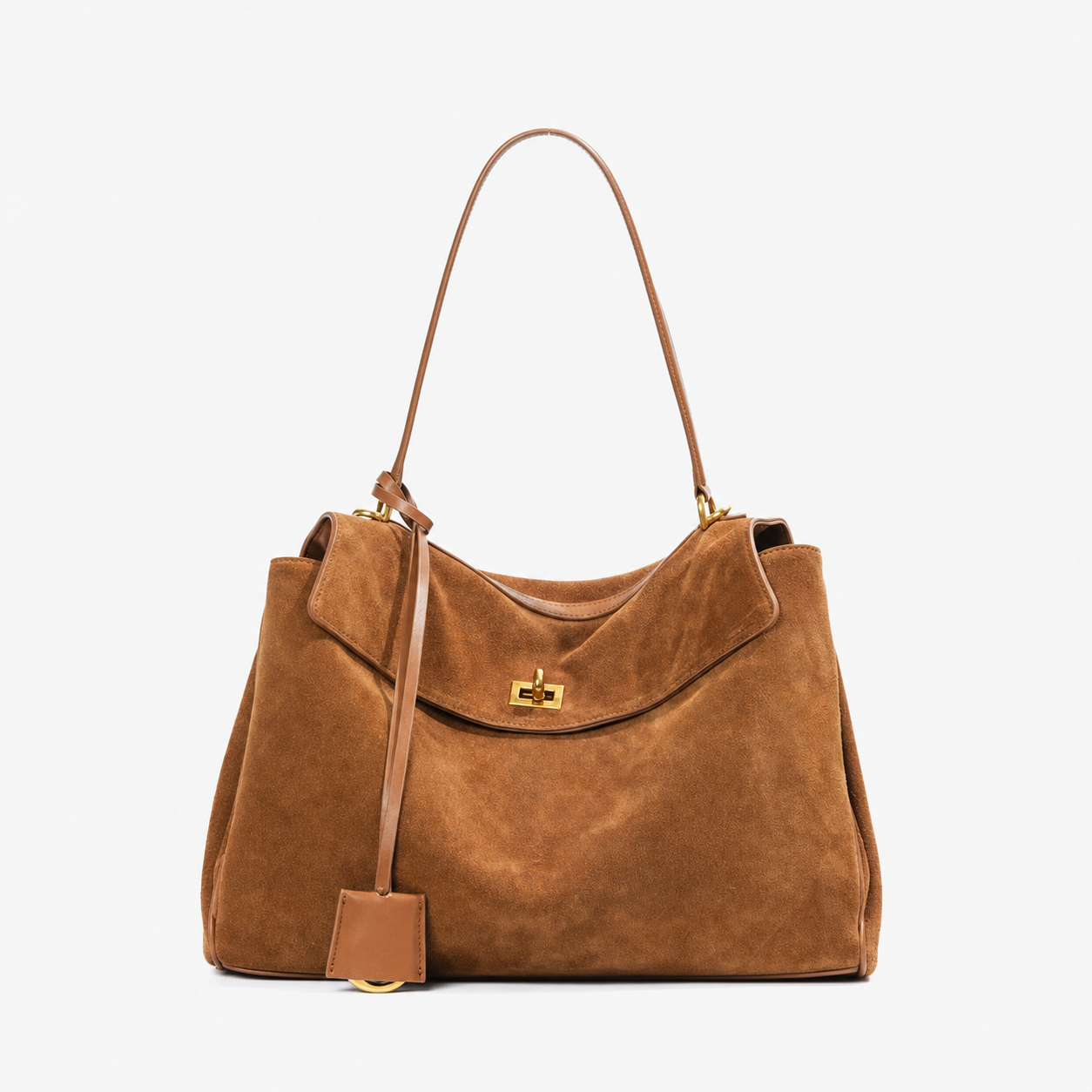 Frosted suede leather tote bag in caramel, front view standing upright