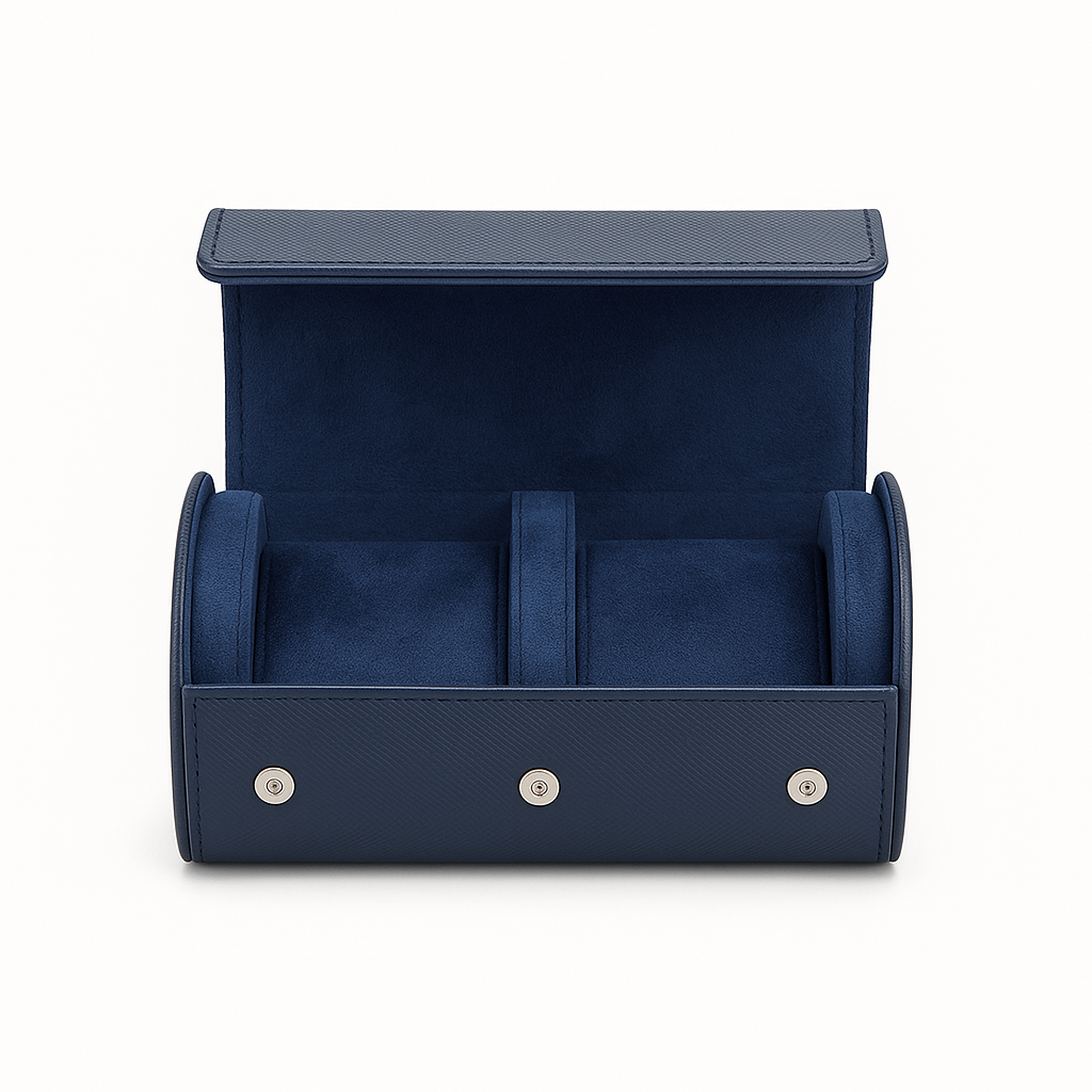 Quilted watch roll case shown closed with rhombus-stitched exterior