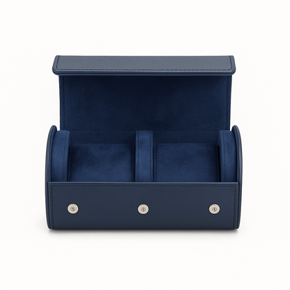 Quilted watch roll case shown closed with rhombus-stitched exterior