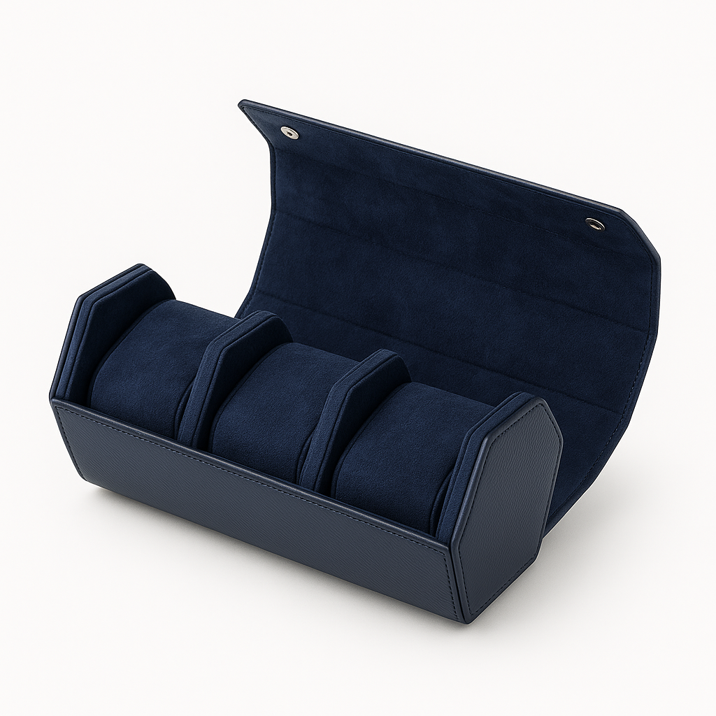 Side angle of the rolled watch case with snap stud visible