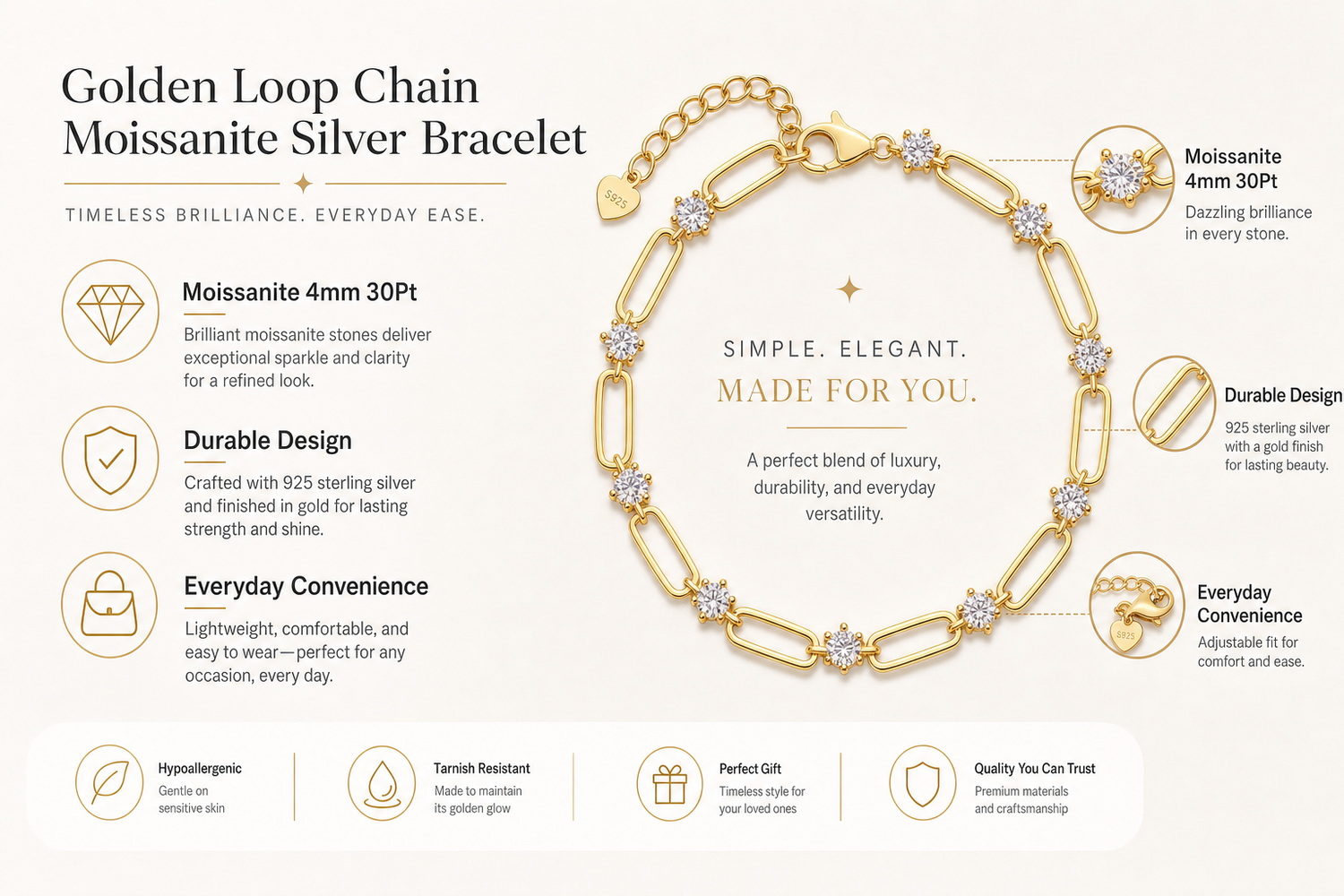 golden loop chain moissanite silver bracelet everyday product for busy day simple errand everyday routine with practical 5
