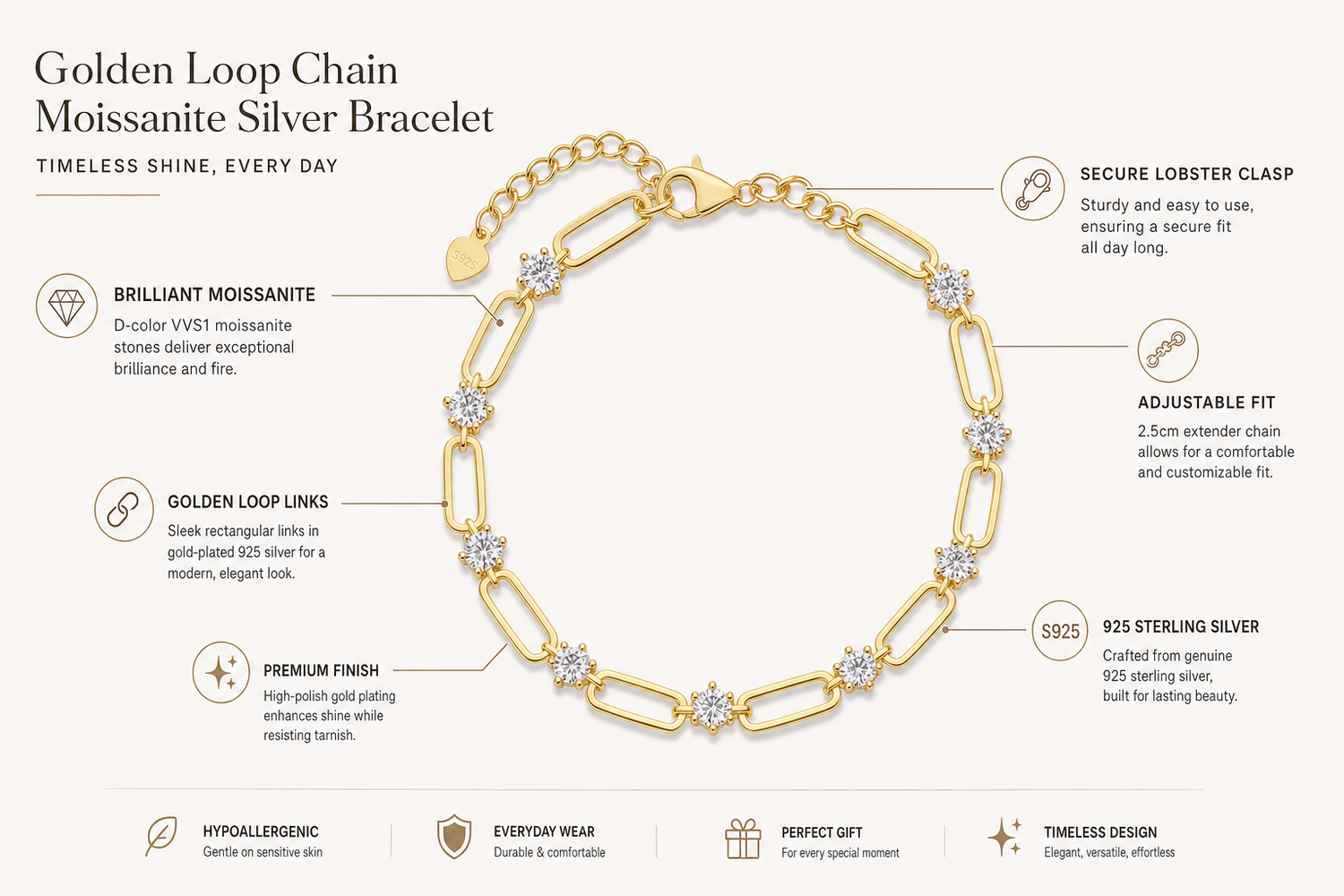 golden loop chain moissanite silver bracelet everyday product for busy day simple errand everyday routine with practical 6