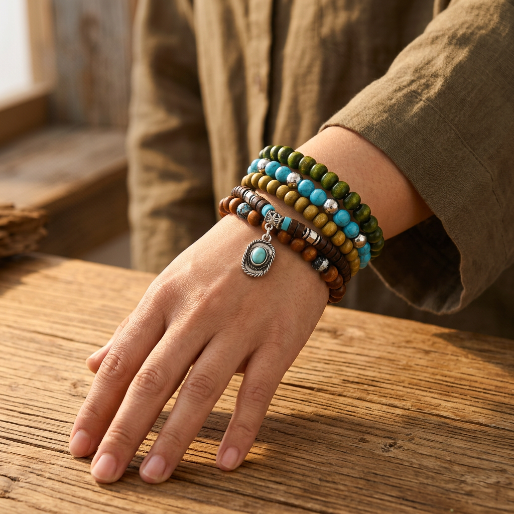 A Ready-Made Boho Wrist Stack in Natural Wood and Turquoise