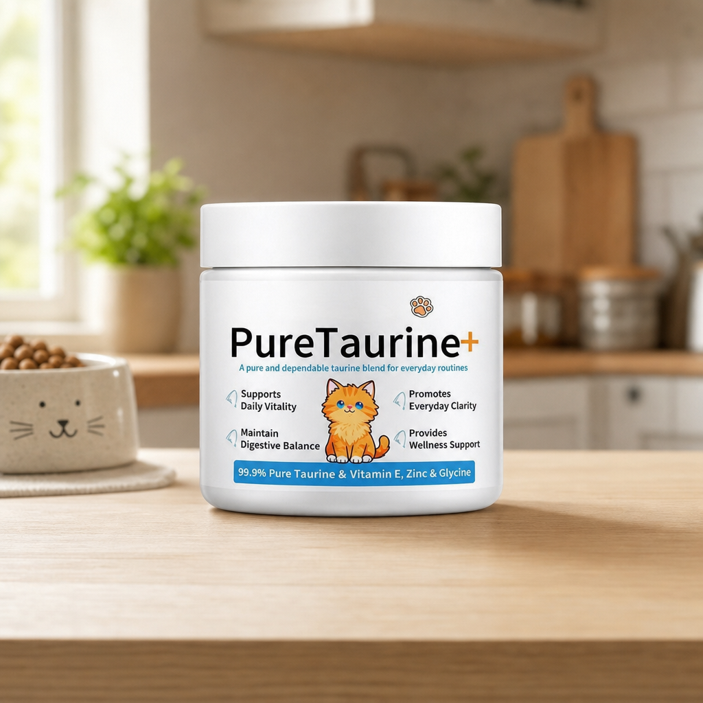 PureTaurine powder tub on a sunlit kitchen counter beside a cat food bowl
