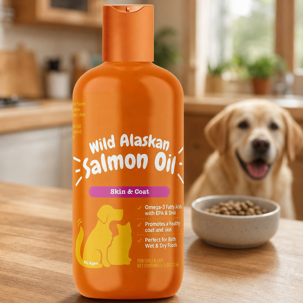 Wild Alaskan salmon oil bottle on a kitchen counter with a dog and food bowl