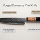 Damascus chef knife features, forged Damascus steel, sharp 60 degree edge, resin handle, 18 cm blade