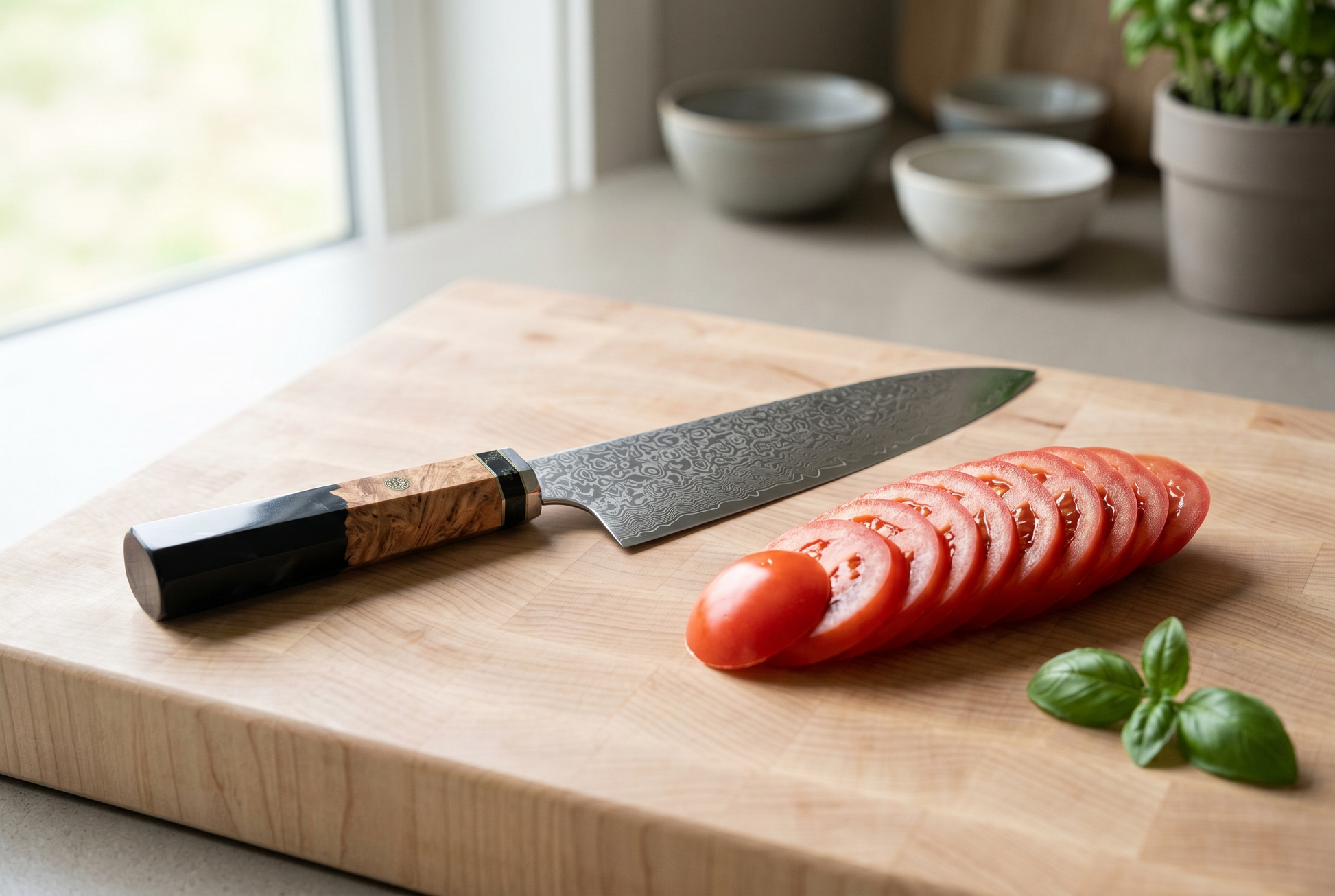 The Damascus knife produces clean even tomato slices on a board