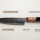 Damascus chef knife parts, Damascus blade, cutting edge, steel collar, mosaic pin, resin and burl wood handle