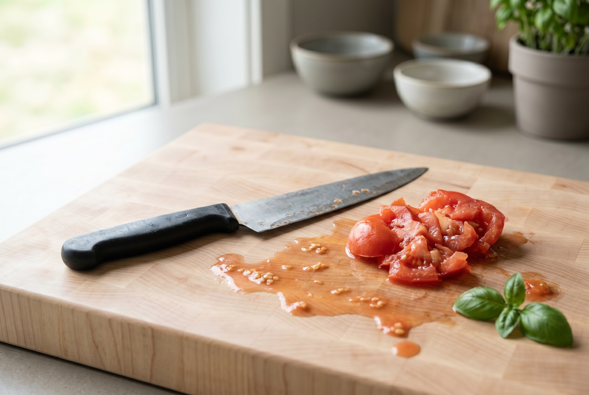 A dull kitchen knife leaves a tomato crushed and uneven