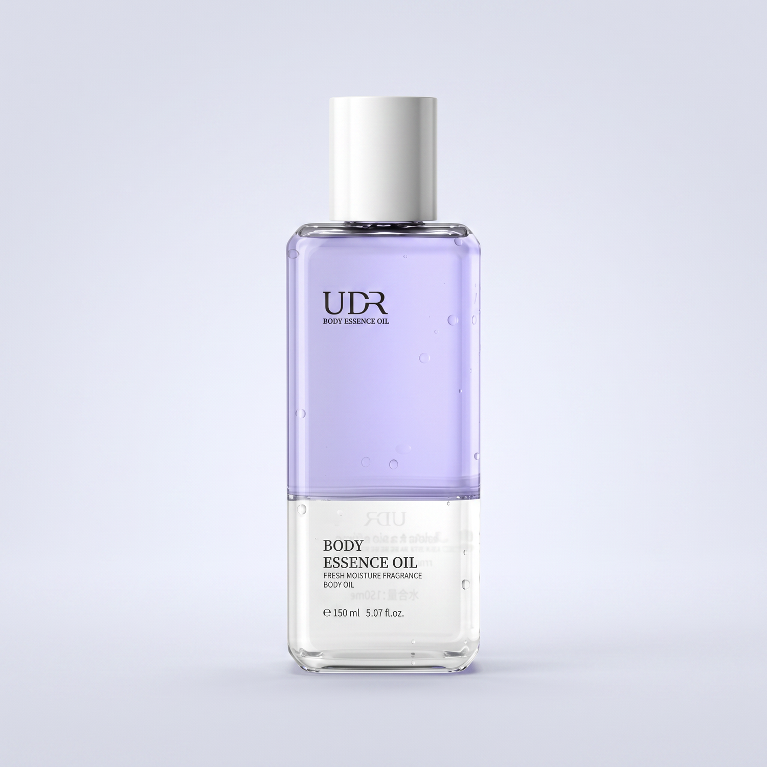 UDR body essence oil bottle with lavender layer and white cap on a premium neutral background