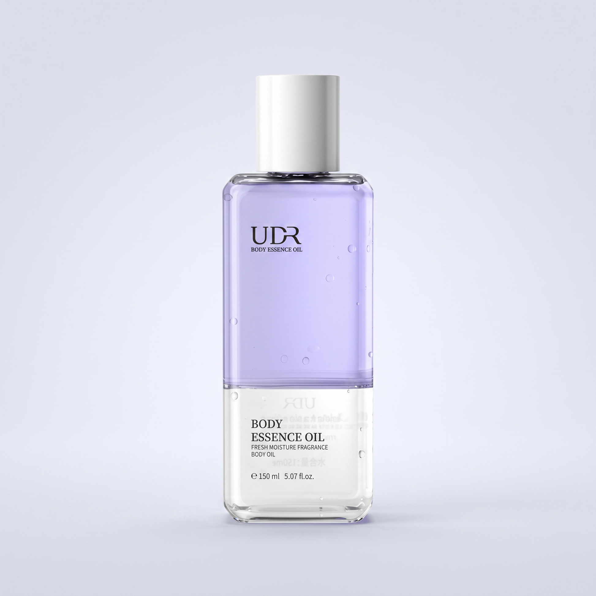 UDR body essence oil bottle with lavender layer and white cap on a premium neutral background