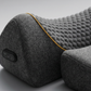 Close up of the dimpled memory foam texture and breathable polyester cover with yellow piping